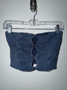 K TOO L Blue Ribbed Cotton Button Accent Cropped Tube Top